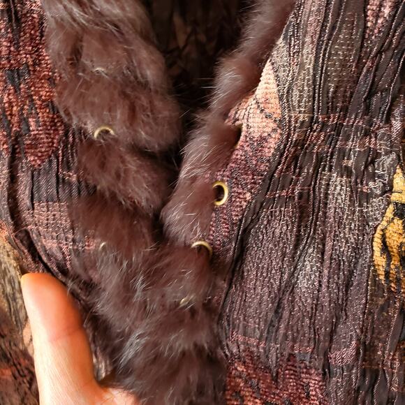 Vtg 90s Women Brown Fur Trim Tapestry Jacket M Fall Artsy Boho Maximalist Funky - Picture 3 of 12